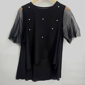 S Black Blouse Pearls Top Short Flutter Sheer Sleeve Flowy Shirt Assymetrical